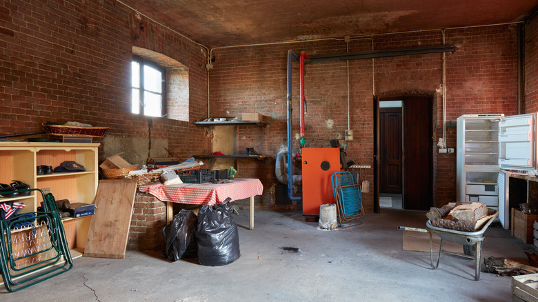 Cluttered, messy basement