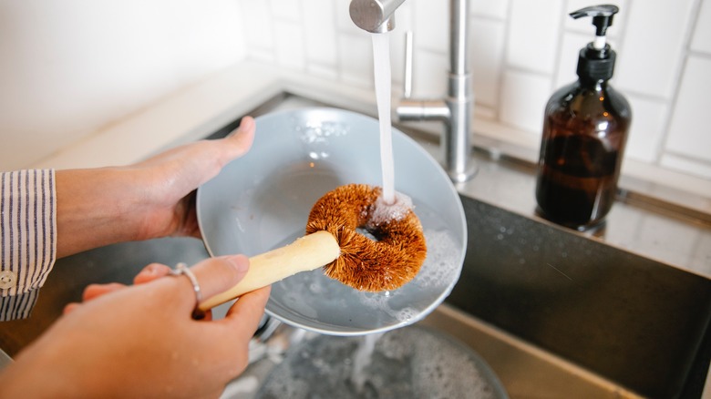 washing dish with scrub brush
