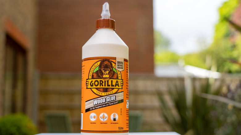 A bottle of Gorilla Wood Glue outside