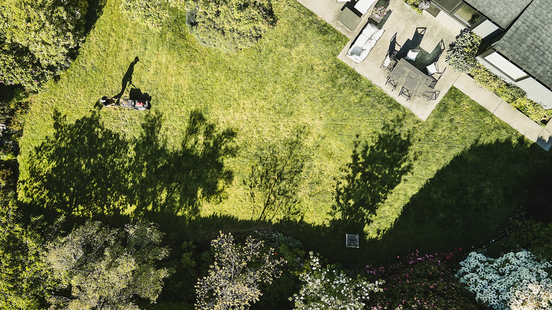 A bird's eye view of a backyard with the shadows of the trees stretching out onto the lawn and someone mowing the grass.