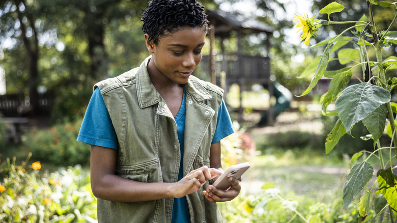 A woman uses a smartphone in a sunny backyard garden.