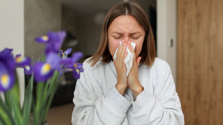 person covering their nose with a tissue at home beside a plant