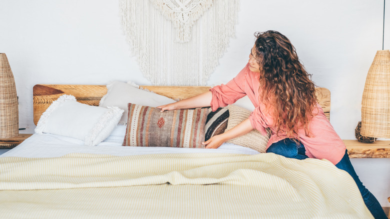 layered bedding in cool browns and blues