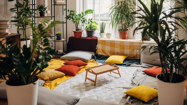 a plant filled living room with pillow seating on the floor