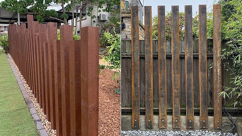 Split image of two examples of a corten steel fence