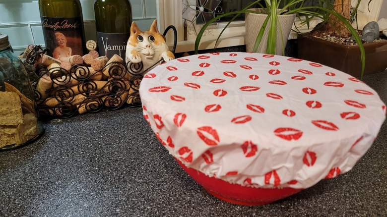 Shower cap is used to cover a bowl of food.