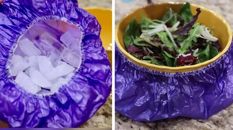 Ice is placed inside a shower cap, and then a bowl of perishable food is placed inside a ice-filled cap.