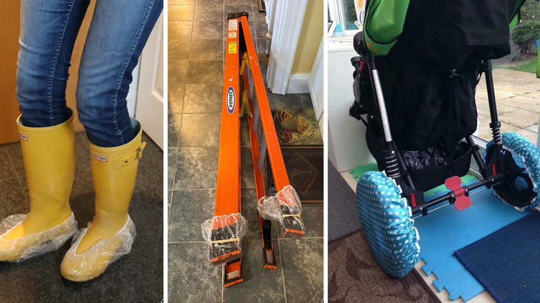 Left: Woman wears shower caps over her boots; Center: Feet of ladder are covered with shower caps; Right: Stroller wheels are covered with shower caps.