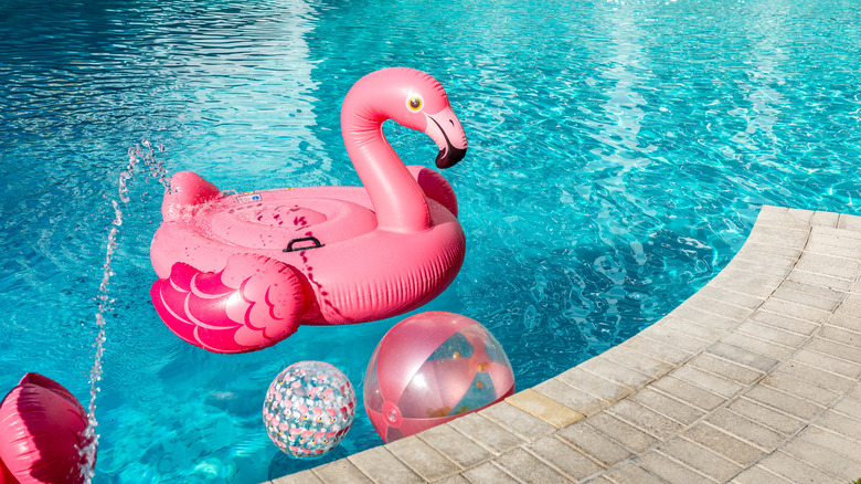 Inflatable flamingo in pool