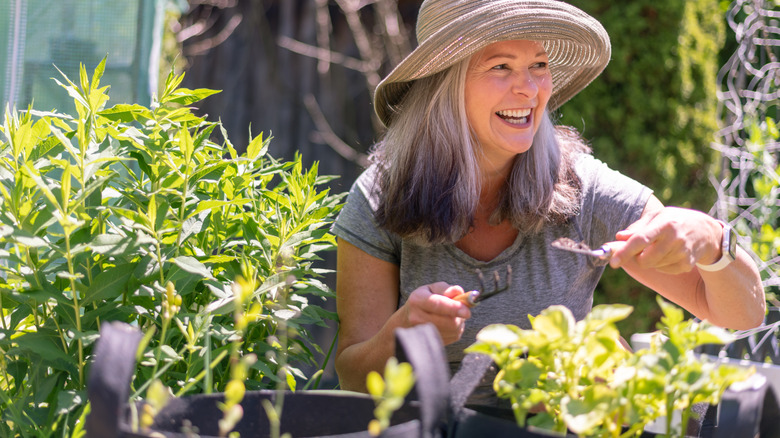 woman tending to container garden