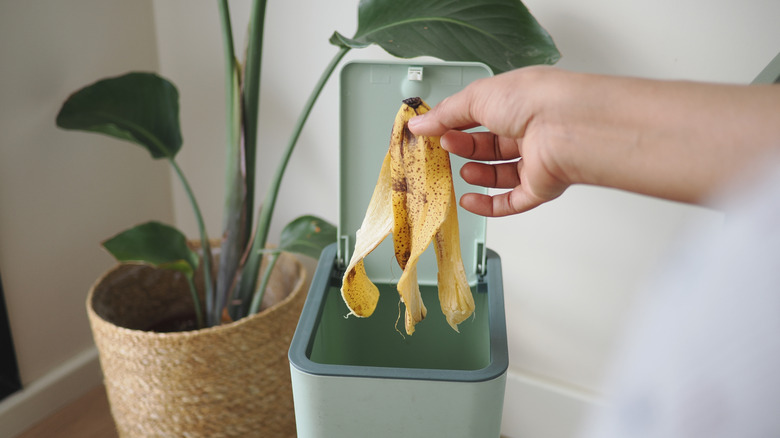 person holding banana peel over trash can