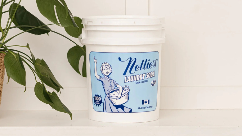 A bucket of Nellie's laundry soda on a shelf with a plant nearby