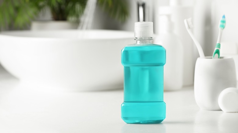 Mouthwash on bathroom counter