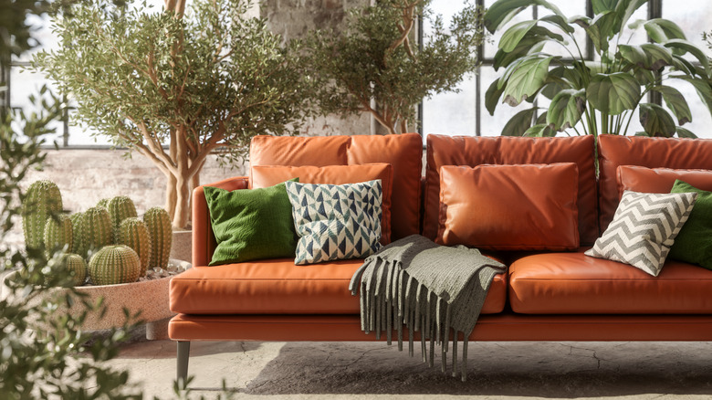 Plant filled living room with geometric cut velvet pillows.