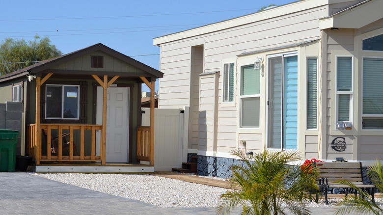 Two tiny homes on a lot, one with darker side and yellow wood, the other with white siding