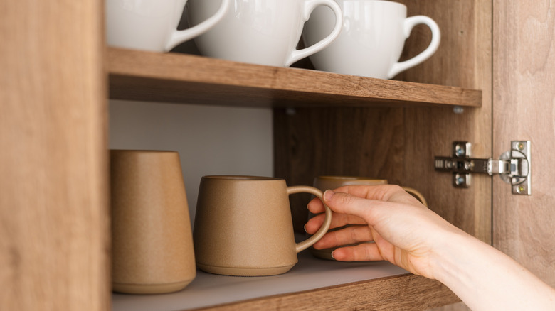 A person grabs a mug from an organized cabinet