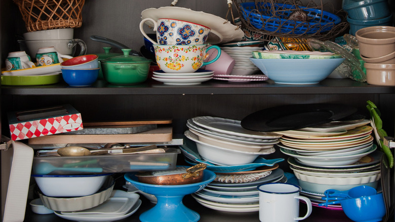 Cluttered shelves in pantry
