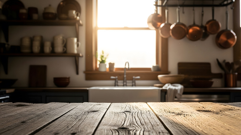 Rustic kitchen with a wooden table, open shelves, and hanging copper pots