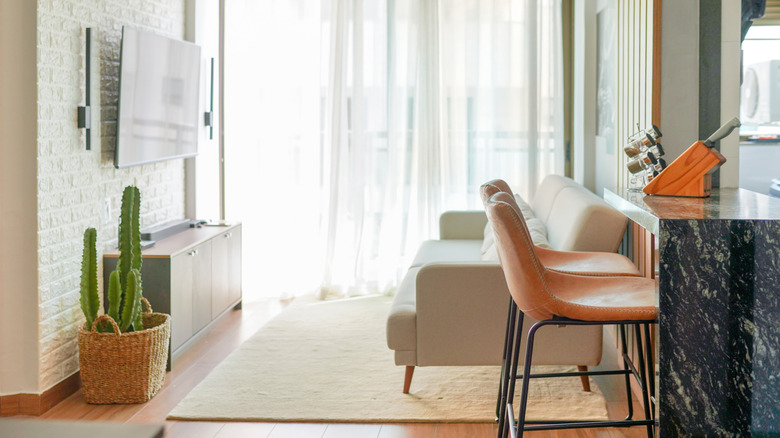 Small living room with a neutral, textured rug
