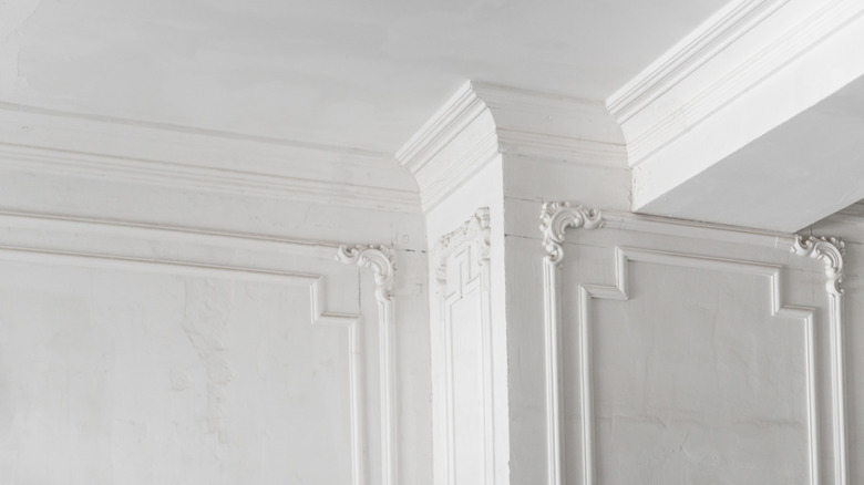 Unfinished pre-war crown molding and trim decorates plaster walls