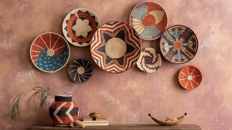 colorful baskets hung on wall