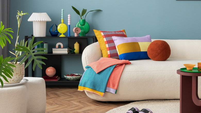 Pops of neon colors in a minimal palette for modern living room