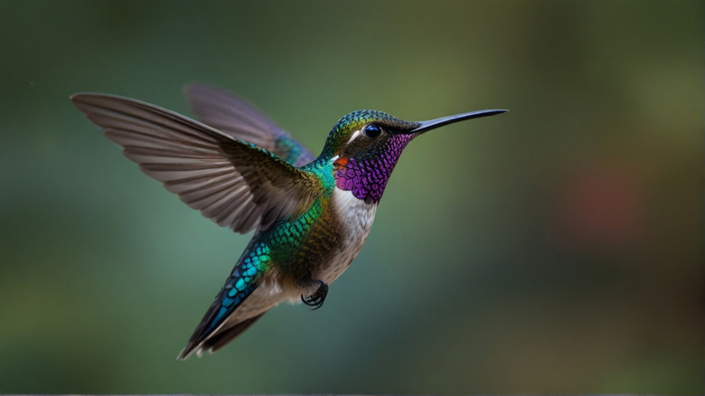 A hummingbird feeding from a red and white bell-shaped flower.