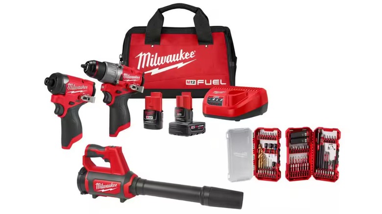 The Milwaukee M12 hammer drill, impact driver, drill bit, and blower set