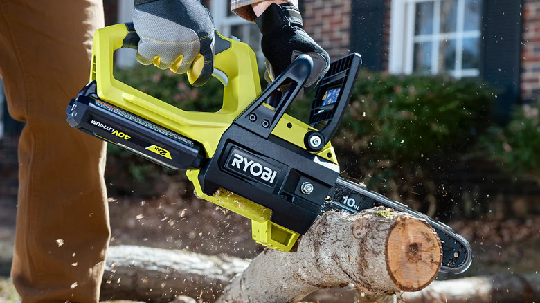 The Ryobi 40V Lithium Ion 2Ah Battery fitted to a cordless chainsaw