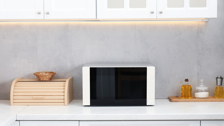 A microwave is shown on a kitchen counter with other kitchen items.