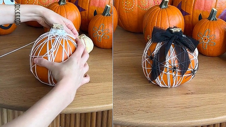 Split image of a person winding yarn around a pumpkin, and a look at the final pumpkin with yarn covered in yarn webbing, spiders, and a black ribbon bow
