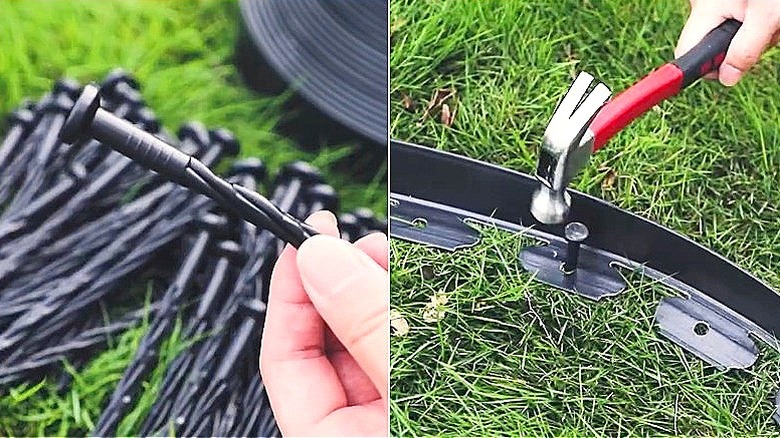 Split image of a person holding a no-dig edging spike, and a person hammering a spike into a section of no-dig edging