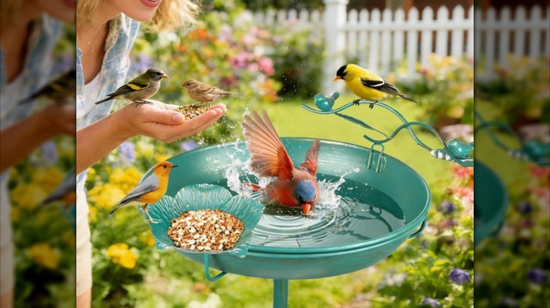 various birds on Mellbree bird bath in garden