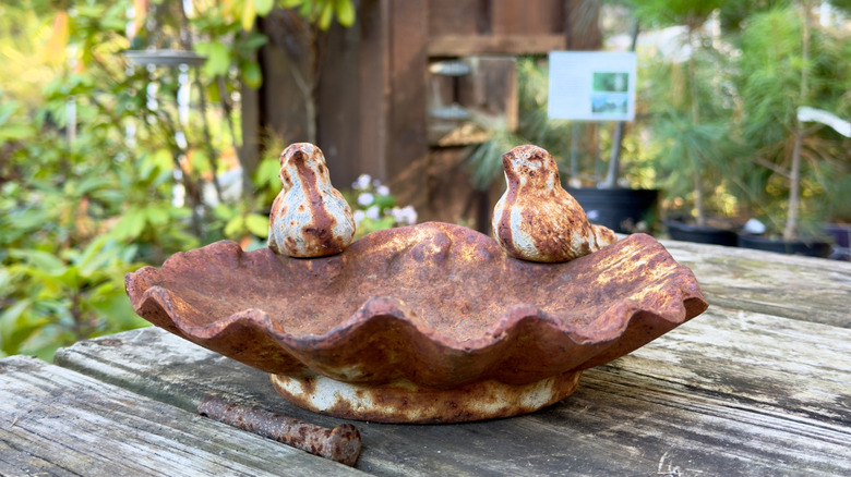 rusted decorative bird bath on wooden table
