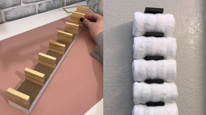 Split image showing a hand placing a series of wooden blocks on top of a long panel, and a finished hand towel rack on a wall