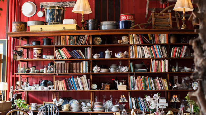 large cluttered bookshelf