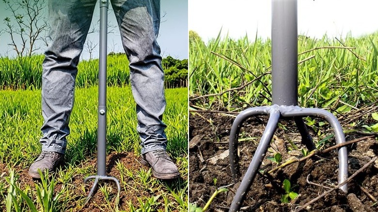 Split image showing a person using the twist tiller on the left and a close up of the claw in the soil on the right