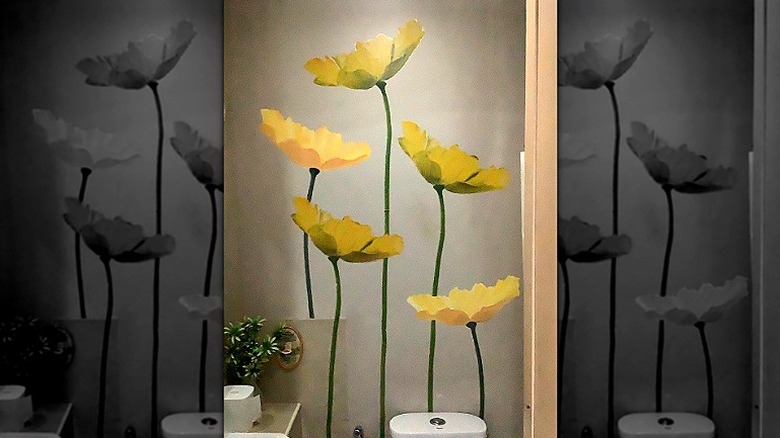 Large floral mural wall in bathroom