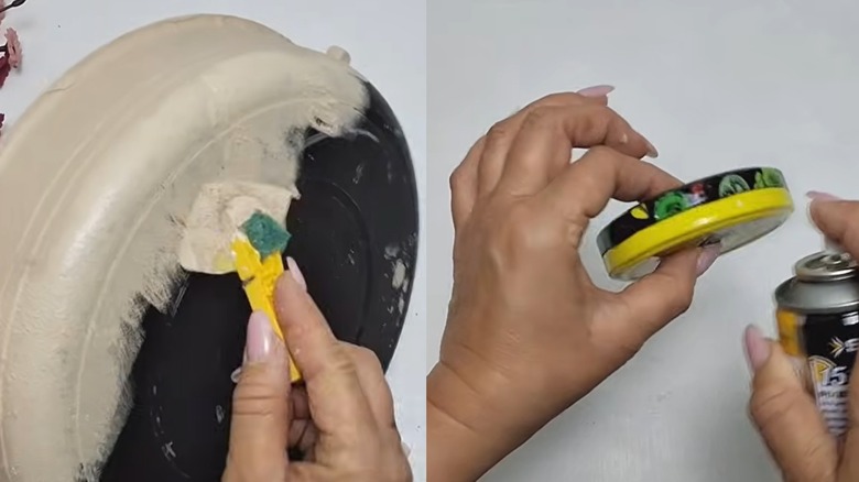 Person making a DIY storage using old frying pan and jar lids