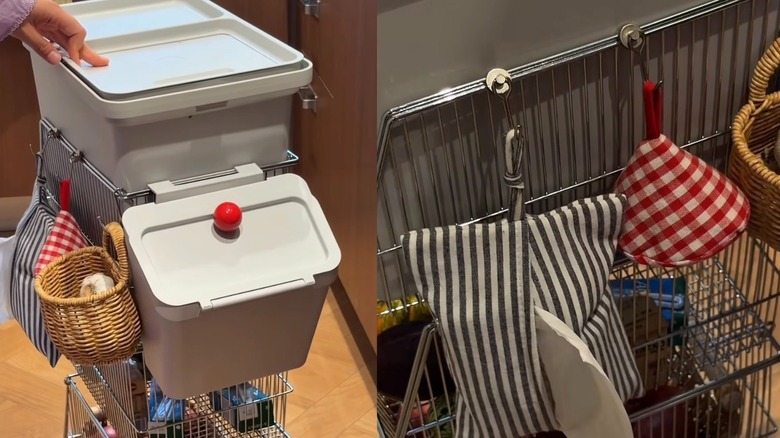 Two images of a DIY kitchen storage cart made from IKEA bins