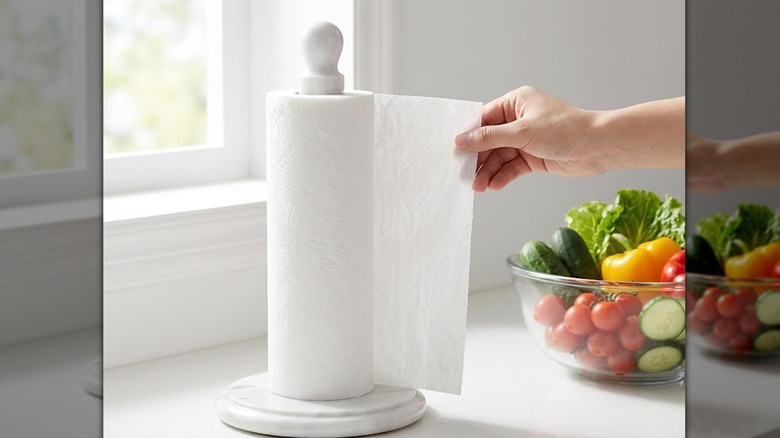 A persona hand grabbing a paper towel from a roll attached to the Radicaln marble paper towel holder.