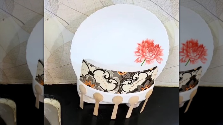 Screenshot of a YouTube video, showing a detergent bottle as a decorative dish rack.