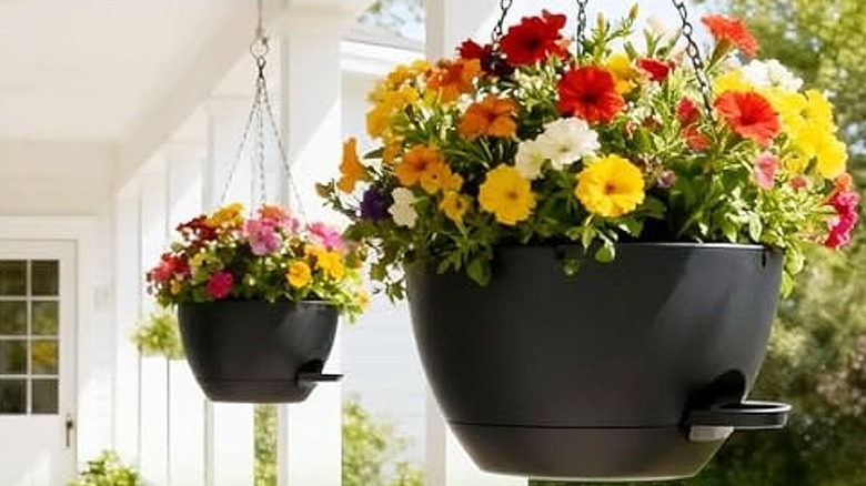 Two black self-watering hanging planters filled with colorful flowers hanging on a veranda