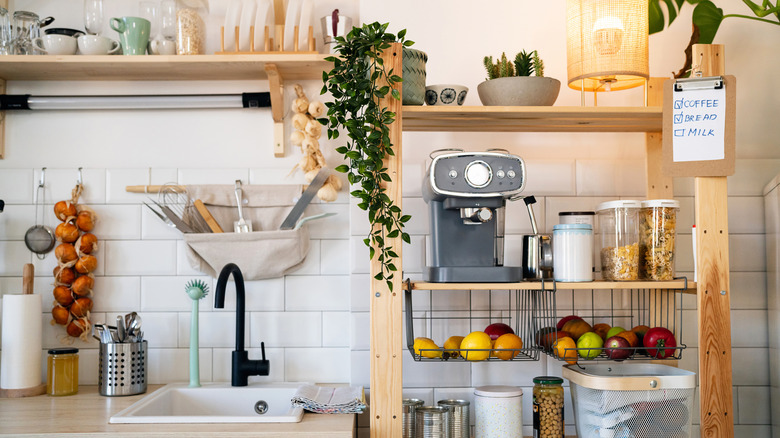 close up of kitchen storage shelves