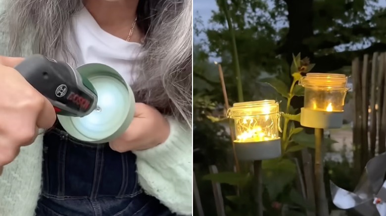 Split image showing the tuna can being attached to the stake using a drill on the left and placing the illuminated jars into the cans on the right