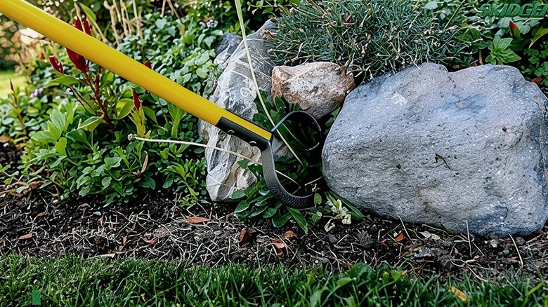 a person using the Skidger Xtremeto pull weedsfrom between rocks