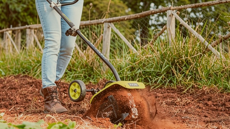 A person uses a string trimmer fitted with a RYOBI Expand-It universal tiller attachment in their garden.
