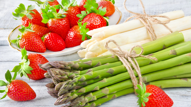 Strawberries and asparagus freshly picked