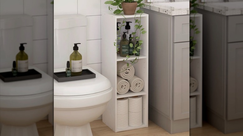 George Oliver toilet paper storage shelf in bathroom with a plant on the top