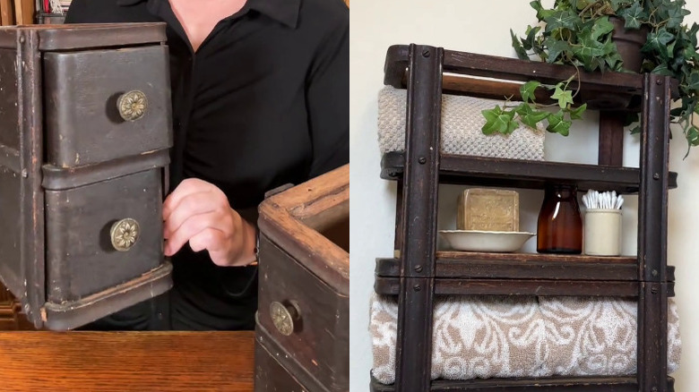 Sewing cabinet drawers upcycled to storage rack